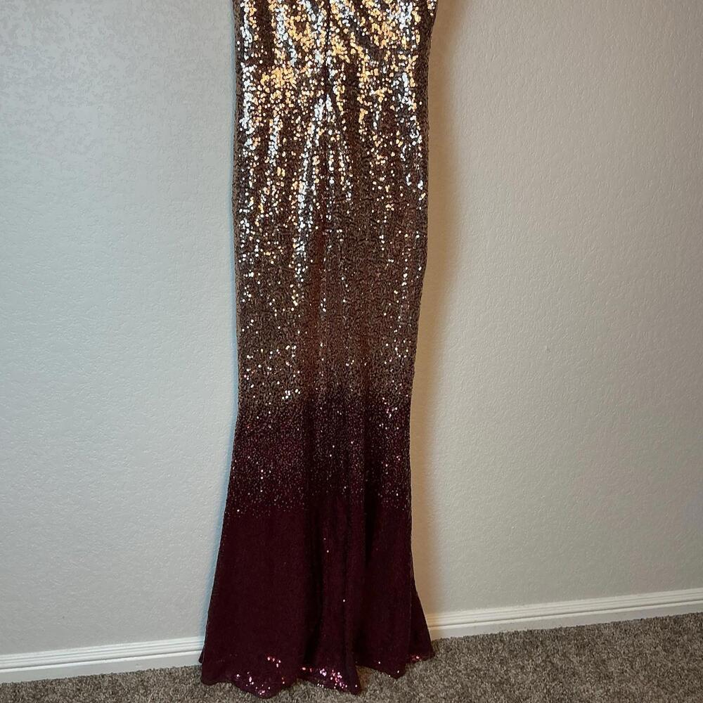 Lulus gown Gold/Maroon Formal Dress Glittery Floor Length Sequin body con Flare - Picture 4 of 5